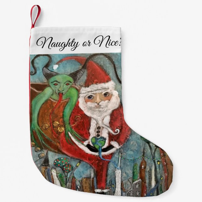 Petite Chaussette De Noël Naughty ou Nice Père Noël et Krampus Art Petit Chr (Devant)