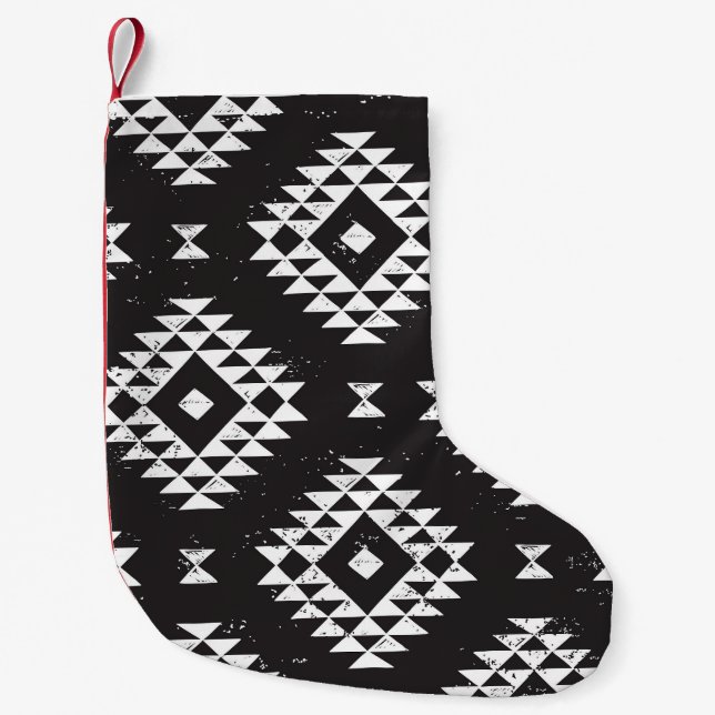 Petite Chaussette De Noël Navajo Géométrique : Tribal Blanc Noir. (Devant)
