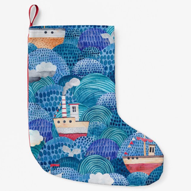 Petite Chaussette De Noël Navires et phare : Aquarelle pour enfants (Devant)