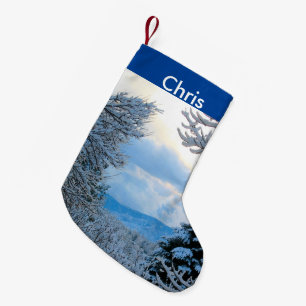 Petite Chaussette De Noël Neige sur pins dans les montagnes rocheuses du Col