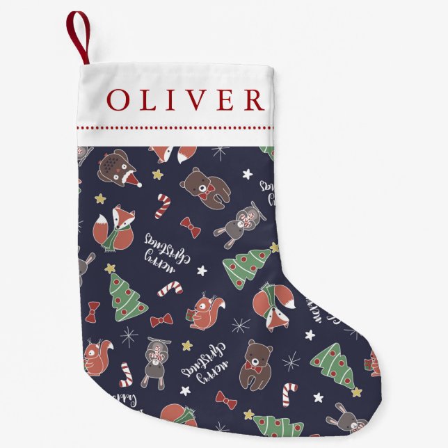 Petite Chaussette De Noël Noël Bois Animaux Nom personnalisé (Devant)