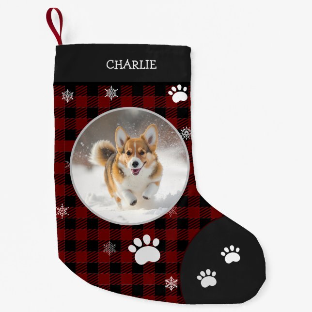 Petite Chaussette De Noël Noël Drôle mignon Chien Petit Black Plaid Photo (Devant)