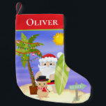 Petite Chaussette De Noël Noël Été Père Noël Beach Surf Personnalisé<br><div class="desc">Ce design présente une jolie scène de plage de Noël d'été avec un Père Noël de surf tropical avec un palmier festif et un bonhomme de neige de sable sur la plage. Idéal pour ceux qui fêtent Noël tropical ou été #Noël #Noël #merry #noël #Noël #Noël #Noël #Noël #Noël #tropicalnoël...</div>