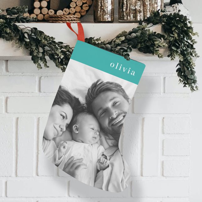 Petite Chaussette De Noël Noël familial | Photo Turquoise Turquoise moderne (Créateur téléchargé)