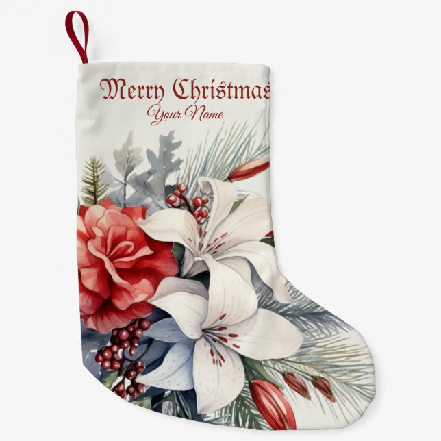 Petite Chaussette De Noël Noël Fleurs Blanches Rouges Fêtes Élégant (Devant)