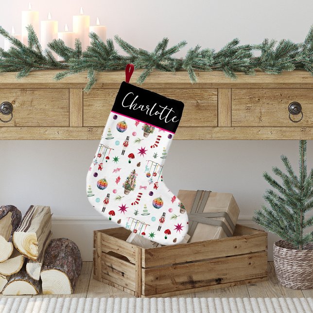 Petite Chaussette De Noël Noël kitsch | Monogramme rétro (Créateur téléchargé)