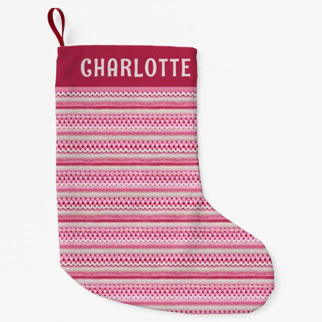 Petite Chaussette De Noël Noël rose Faux Knit Motif Nom personnalisé (Devant)