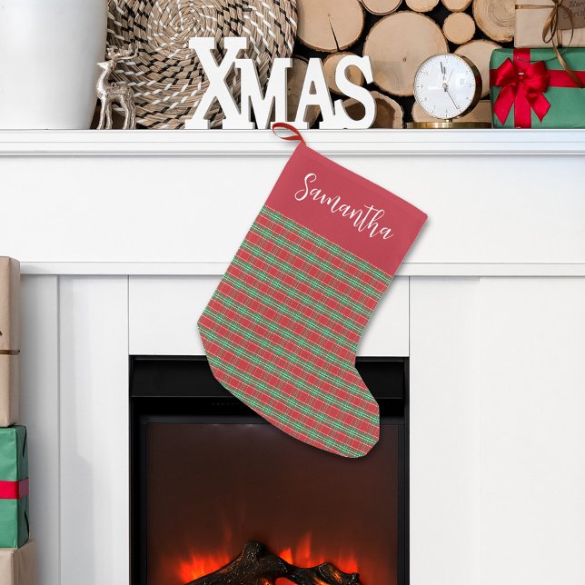 Petite Chaussette De Noël Noël Rouge et Motif vert Personnalisé (Christmas holiday red and green plaid pattern calligraphy script stocking)
