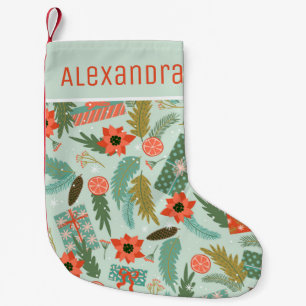 Petite Chaussette De Noël Noël Sage d'hiver Green Red Poinsetty Nom