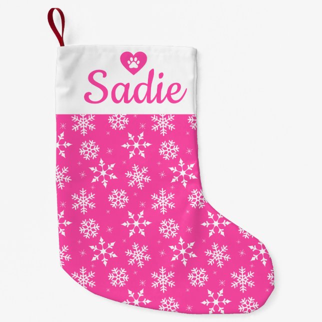 Petite Chaussette De Noël Noël Snowflakes Pink White Chien Nom (Devant)