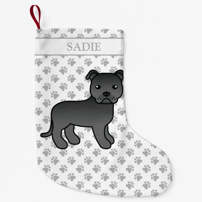 Petite Chaussette De Noël Noir Anglais Staffie Cute Cartographie Chien & Nom (Devant)