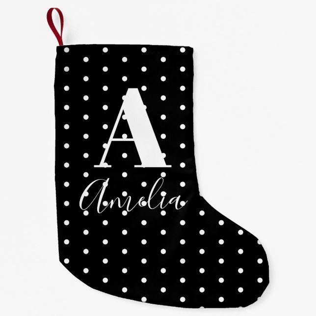 Petite Chaussette De Noël Noir Blanc Nom Monogramme Pois double face (Devant)