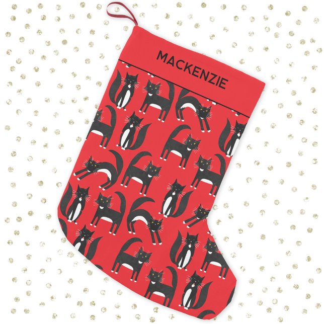 Petite Chaussette De Noël Noir et blanc Cute Tuxedo Kitty Rouge Personnalisé (Black and white tuxedo cat pattern personalized custom name red Christmas stocking)