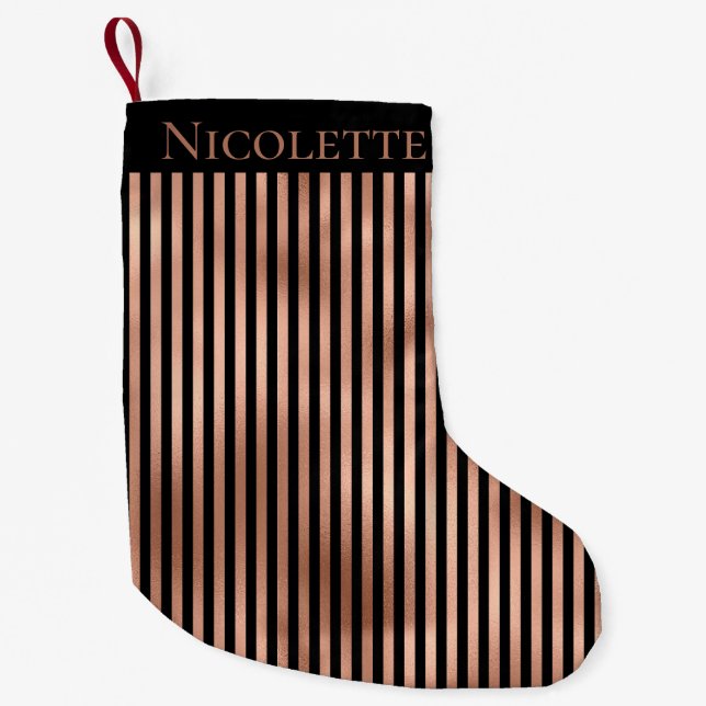Petite Chaussette De Noël Noir gothique & Rose Or rayé Personnalisé (Devant)