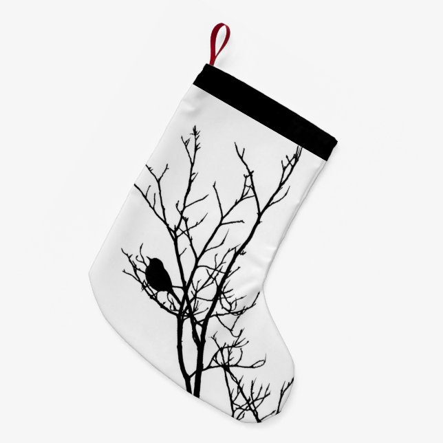 Petite Chaussette De Noël Noir sur la silhouette blanche d'oiseau - (Devant (Accrochage))