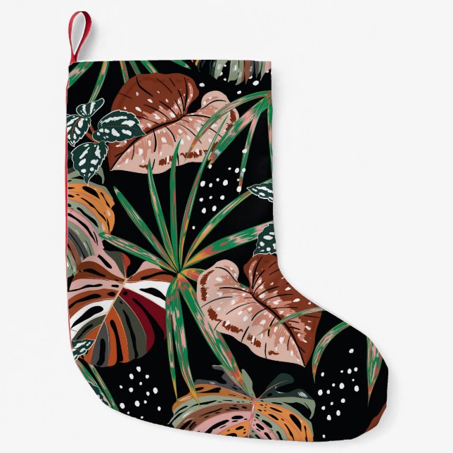 Petite Chaussette De Noël Noir tropical : Motif de forêt exotique foncé (Devant)