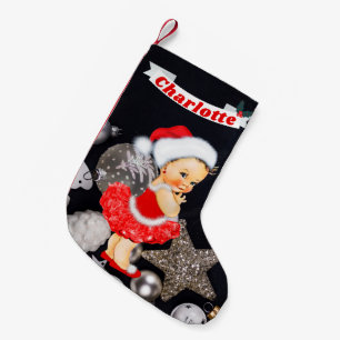 Petite Chaussette De Noël Nom argenté rouge de monogramme de bébé mignon de