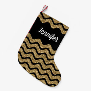 Petite Chaussette De Noël Nom aux rayures Chevron Noir Paillettes Or Élégant