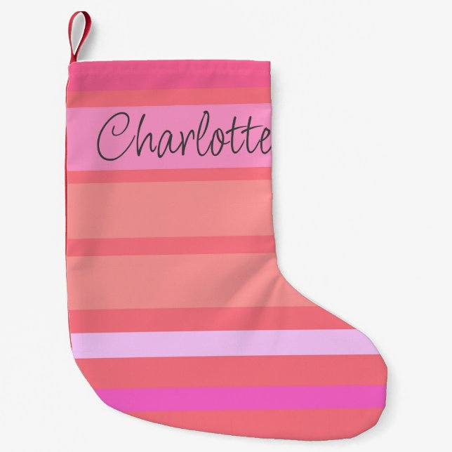 Petite Chaussette De Noël Nom | Bandes roses chaudes personnalisées (Devant)