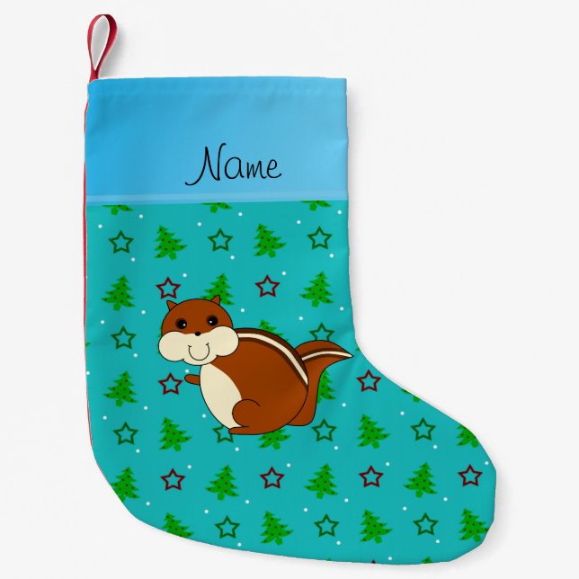 Petite Chaussette De Noël Nom chipmunk turquoise noël arbres étoiles (Devant)