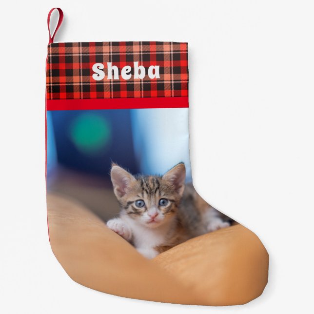 Petite Chaussette De Noël Nom de compagnie personnalisé Photo Plaid Rouge (Devant)