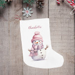 Petite Chaussette De Noël Nom de la fille rose snowman<br><div class="desc">Arrière - plan blanc avec un bonhomme de neige rose,  fille. Personnalisez et ajoutez un nom.</div>