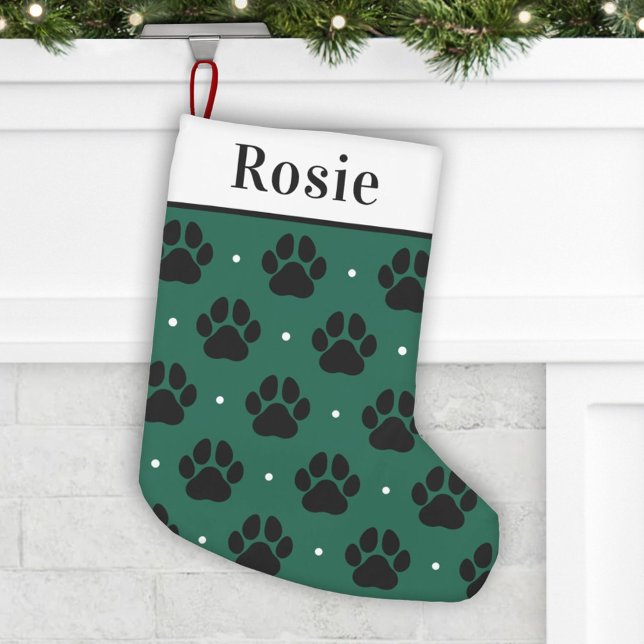 Petite Chaussette De Noël Nom de l'animal vert Empreinte de patte Monogramme (Créateur téléchargé)