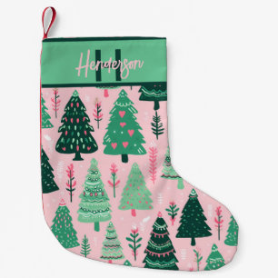 Petite Chaussette De Noël Nom de motif d'arbre de Noël rose et vert fantaisi