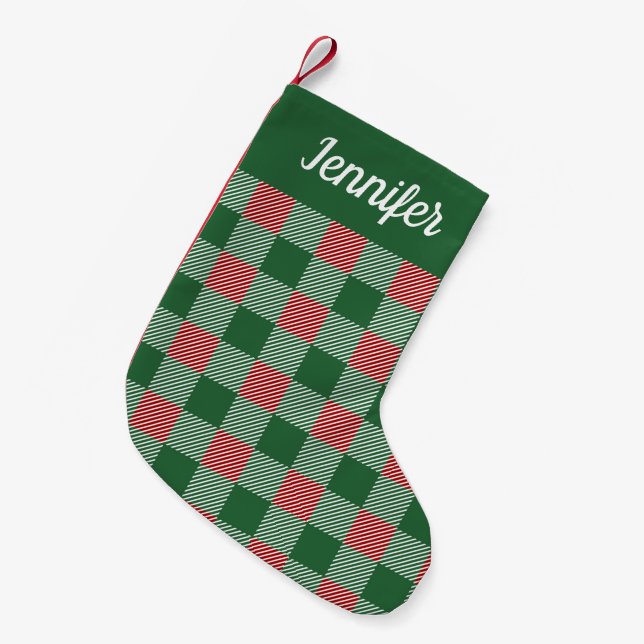 Petite Chaussette De Noël Nom de script à carreaux vert rustique  (Devant (Accrochage))
