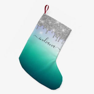 Petite Chaussette De Noël Nom de vacances en écriture Monogrammé Argent Pail