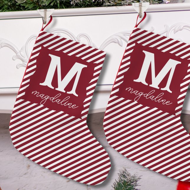 Petite Chaussette De Noël Nom Monogramme Rayé Simple Rouge et Blanc (Créateur téléchargé)
