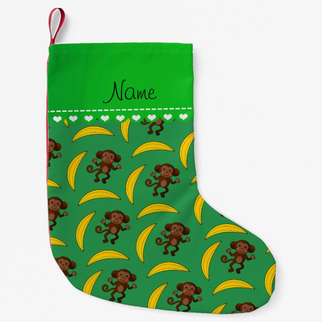 Petite Chaussette De Noël Nom personnalisé bananes de singe vert (Devant)