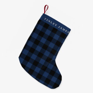 Petite Chaussette De Noël Nom personnalisé bleu noir plaid de Buffalo rustiq