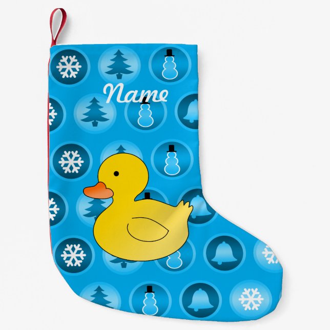 Petite Chaussette De Noël Nom personnalisé canard en caoutchouc bleu cercles (Devant)