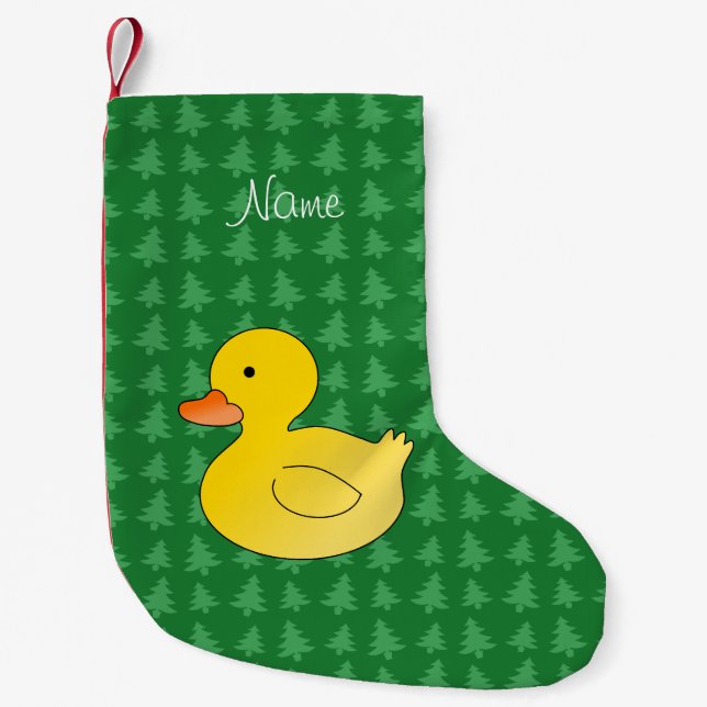 Petite Chaussette De Noël Nom personnalisé canard en caoutchouc vert arbre (Devant)