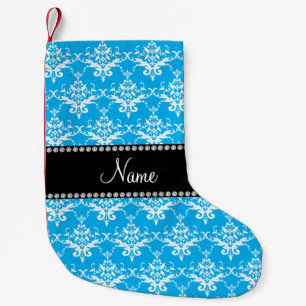 Petite Chaussette De Noël Nom personnalisé ciel bleu blanc damassé