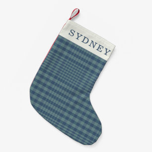 Petite Chaussette De Noël Nom personnalisé classique bleu rétro Glen Plaid 