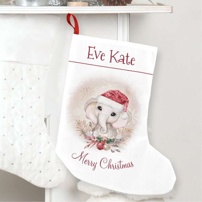 Petite Chaussette De Noël Nom personnalisé Cute Elephant Girl Rouge Blanc (Personalized Name Cute Elephant Girl Red White Small Christmas Stocking)
