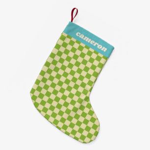 Petite Chaussette De Noël Nom personnalisé damier vert bleu rétro