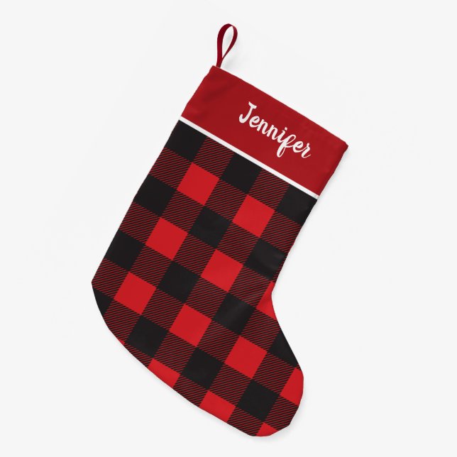 Petite Chaussette De Noël Nom personnalisé du Motif Black Lumberjack rouge (Devant (Accrochage))