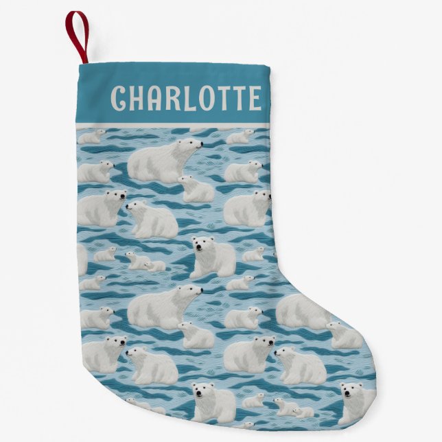 Petite Chaussette De Noël Nom personnalisé du Motif de l'ours polaire de Noë (Devant)