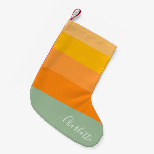 Petite Chaussette De Noël Nom personnalisé en écriture jaune orange rayée