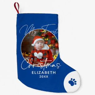 Petite Chaussette De Noël Nom personnalisé et photo de Noël du bébé bleu