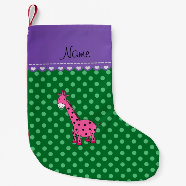 Petite Chaussette De Noël Nom personnalisé girafe rose pois verts (Devant)