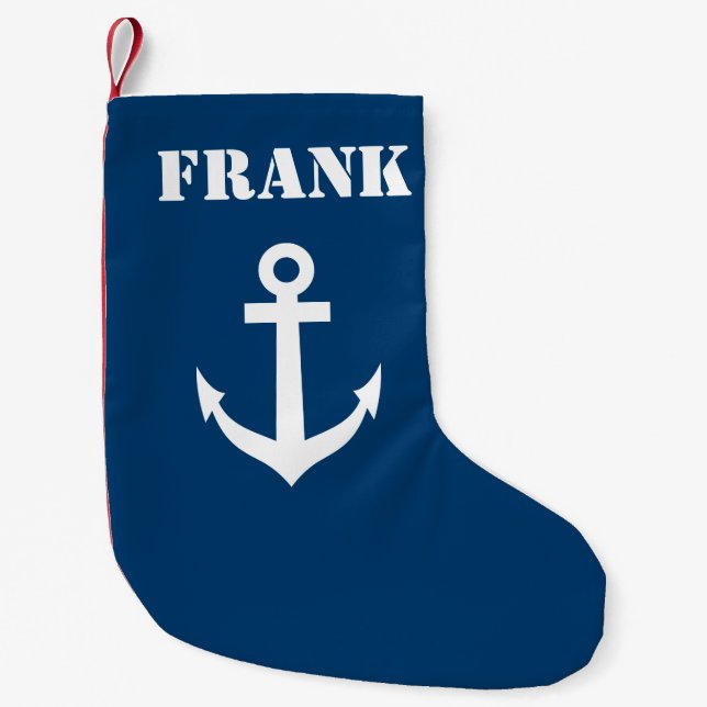 Petite Chaussette De Noël Nom personnalisé marine bleu marine ancre de batea (Devant)