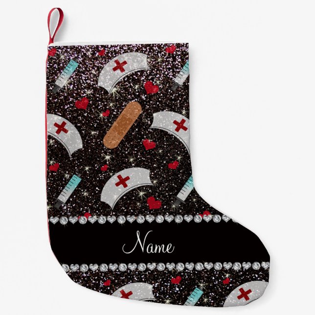 Petite Chaussette De Noël Nom personnalisé noir parties scintillant infirmiè (Devant)