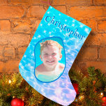 Petite Chaussette De Noël Nom Personnalisé Photo Eau Étincelante Rondes Nage<br><div class="desc">Bleu piscine eau ondulée design pour nageurs,  surfeurs,  plongeurs,  amoureux de la plage,  photo personnalisée Petit Noël Stocker</div>