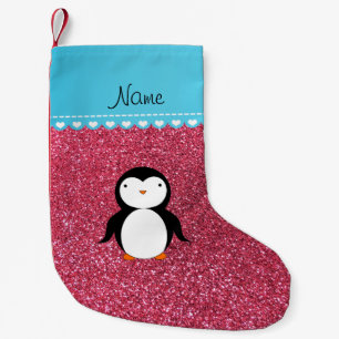 Petite Chaussette De Noël Nom personnalisé pingouin fuchsia parties scintill