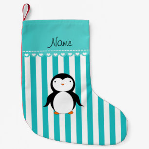 Petite Chaussette De Noël Nom personnalisé pingouin turquoise rayures blanch