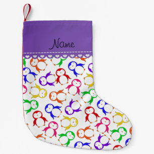 Petite Chaussette De Noël Nom personnalisé pingouins arc-en-ciel blanc